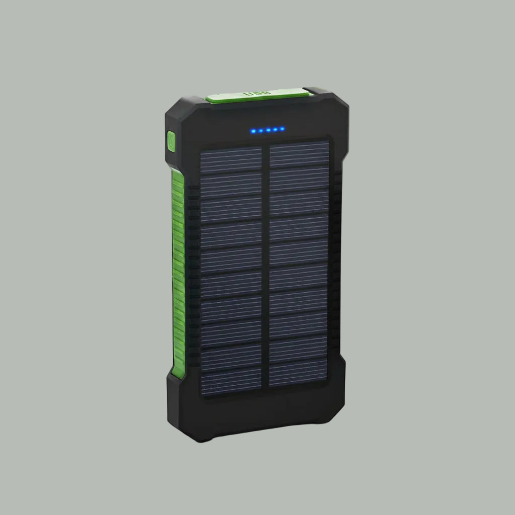 Solar-powered battery pack with green accents on a white background