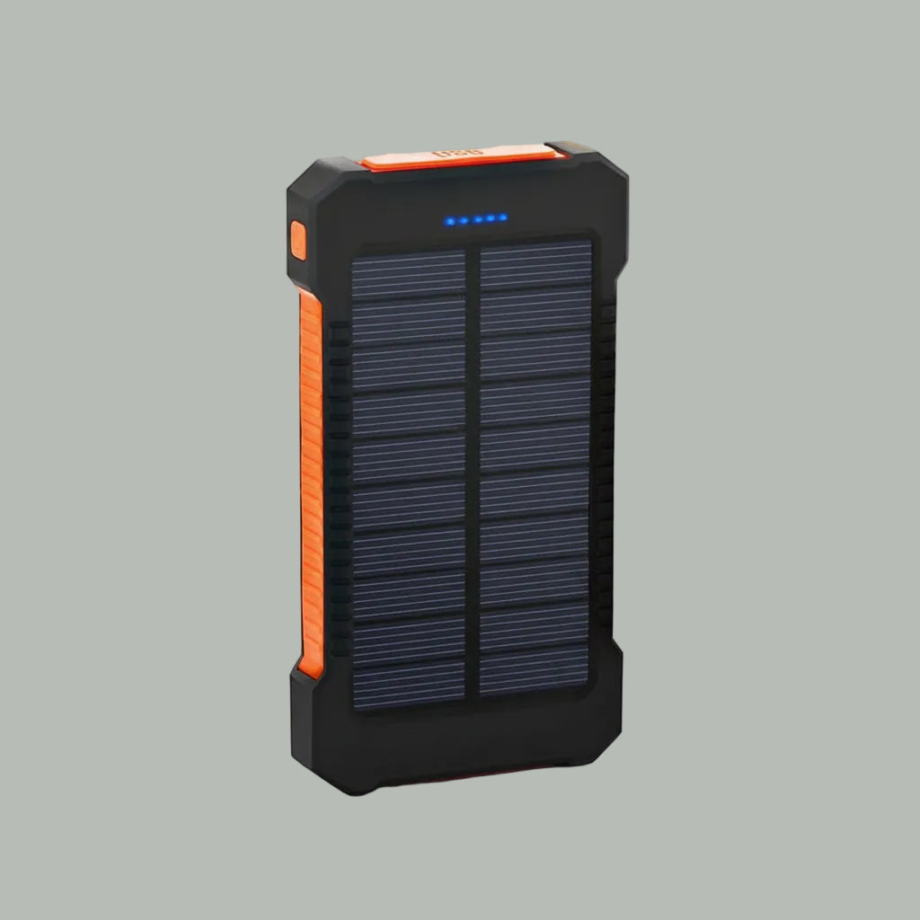 Black and orange solar power bank on a white background